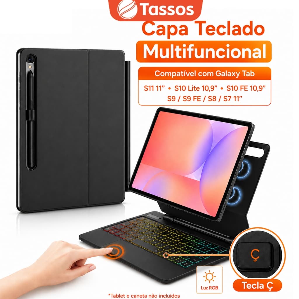 TASSOS Para Samsung Galaxy Tab S10FE/S9FE/S9/8/7 11Polegadas Teclado Bluetooth,7 Cores, Sem fio Com Suporte Caneta