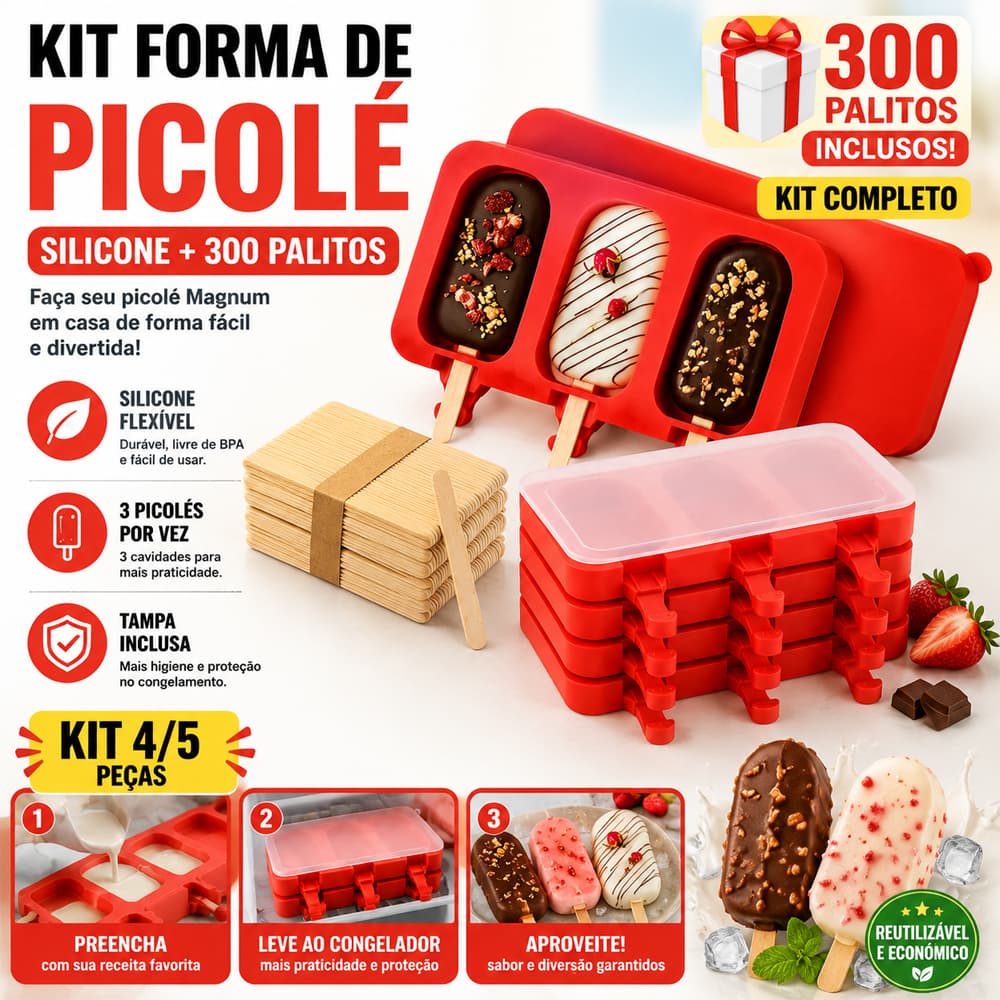 Kit 4/5 Formas de Picolé Magnum Silicone 3 Cavidades com Tampa + 300 Palitos