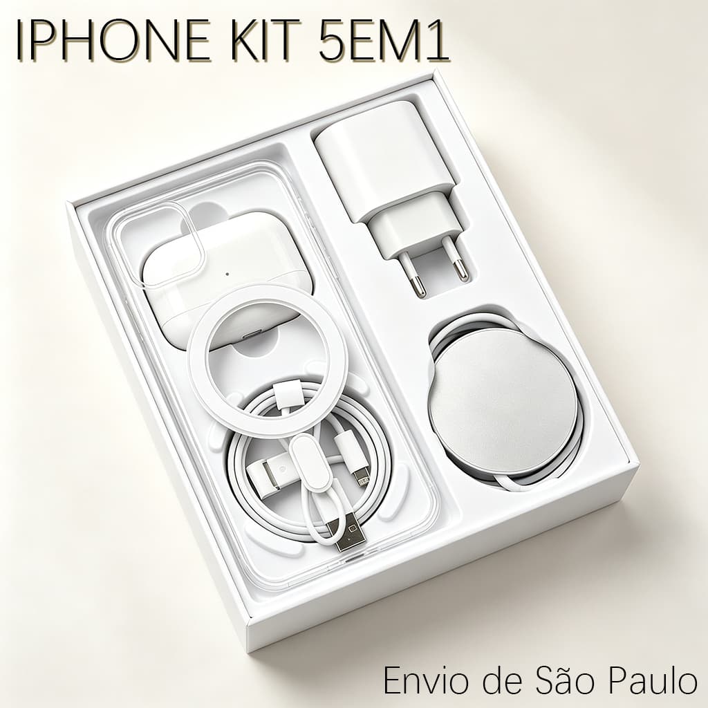 Kit 5 em 1 para iPhone 11/12/13/14/15/16 Pro – Capa Cabo Carregador Sem Fio Rápido e Fone Bluetooth i13 – Lançamento