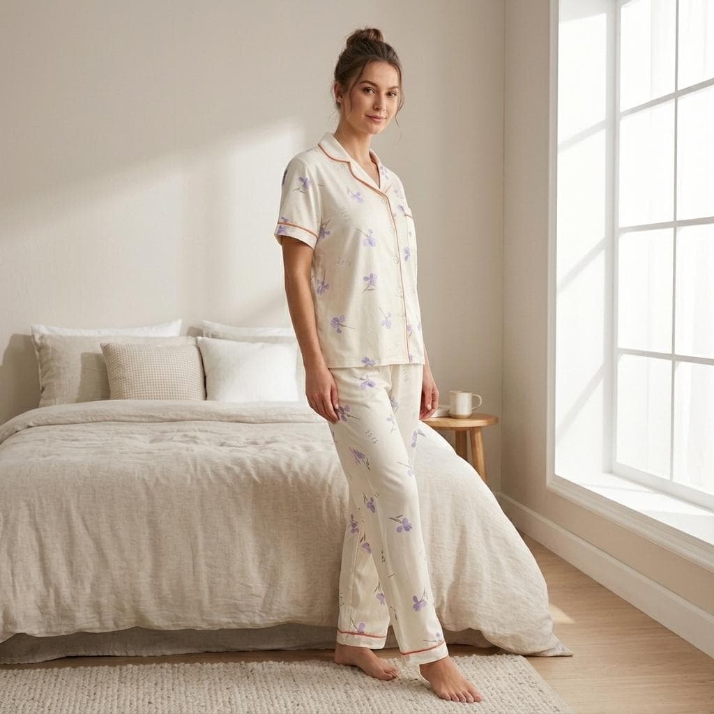 Pijama Feminino Americano Manga Curta Calça Longa Floral Tulipas Ref. 2544