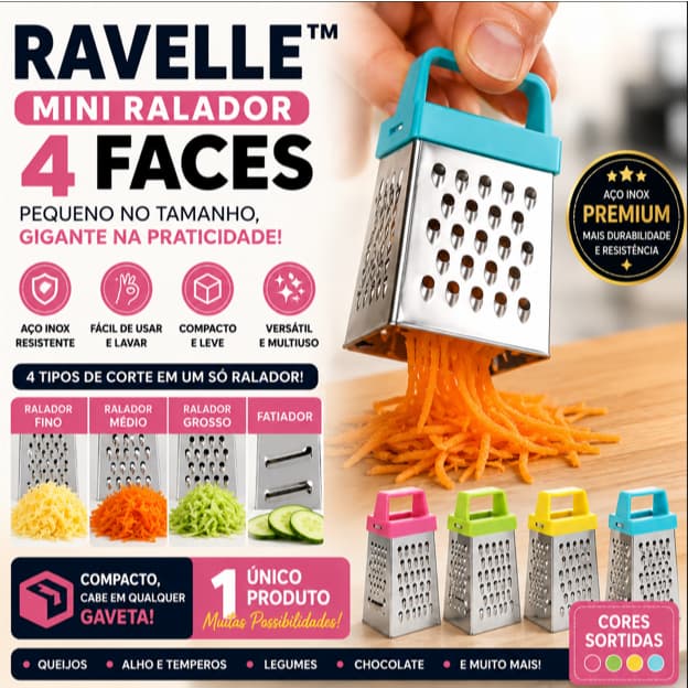 Mini Ralador 4 Faces Inox Compacto para Queijo Alho Legumes Chocolate e Temperos