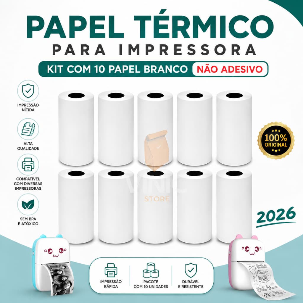 Kit 10 Bobinas Rolo de Papel Térmico Branco 57x30mm Não Adesivo Refil para Mini Impressora Portátil