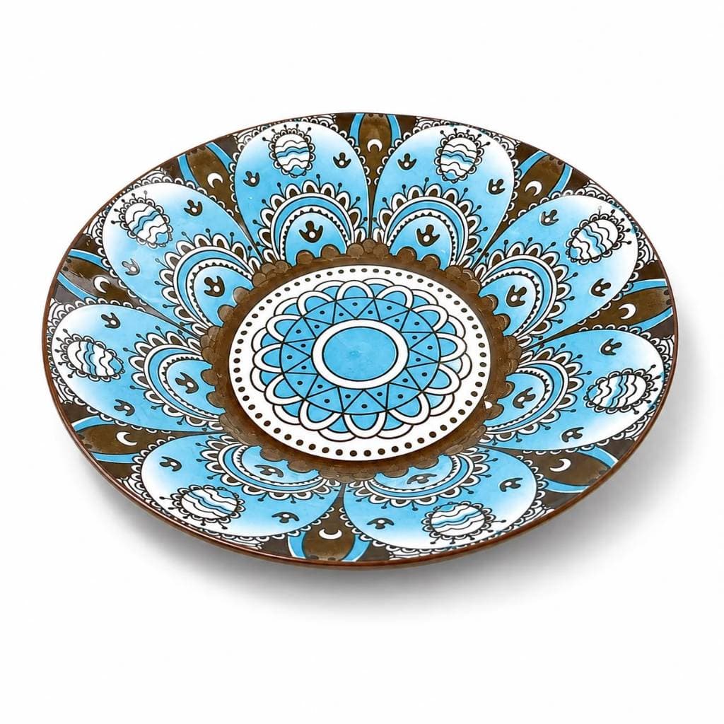 Prato Fundo Cerâmica Decorado Mandala Azul e Marrom 20cm
