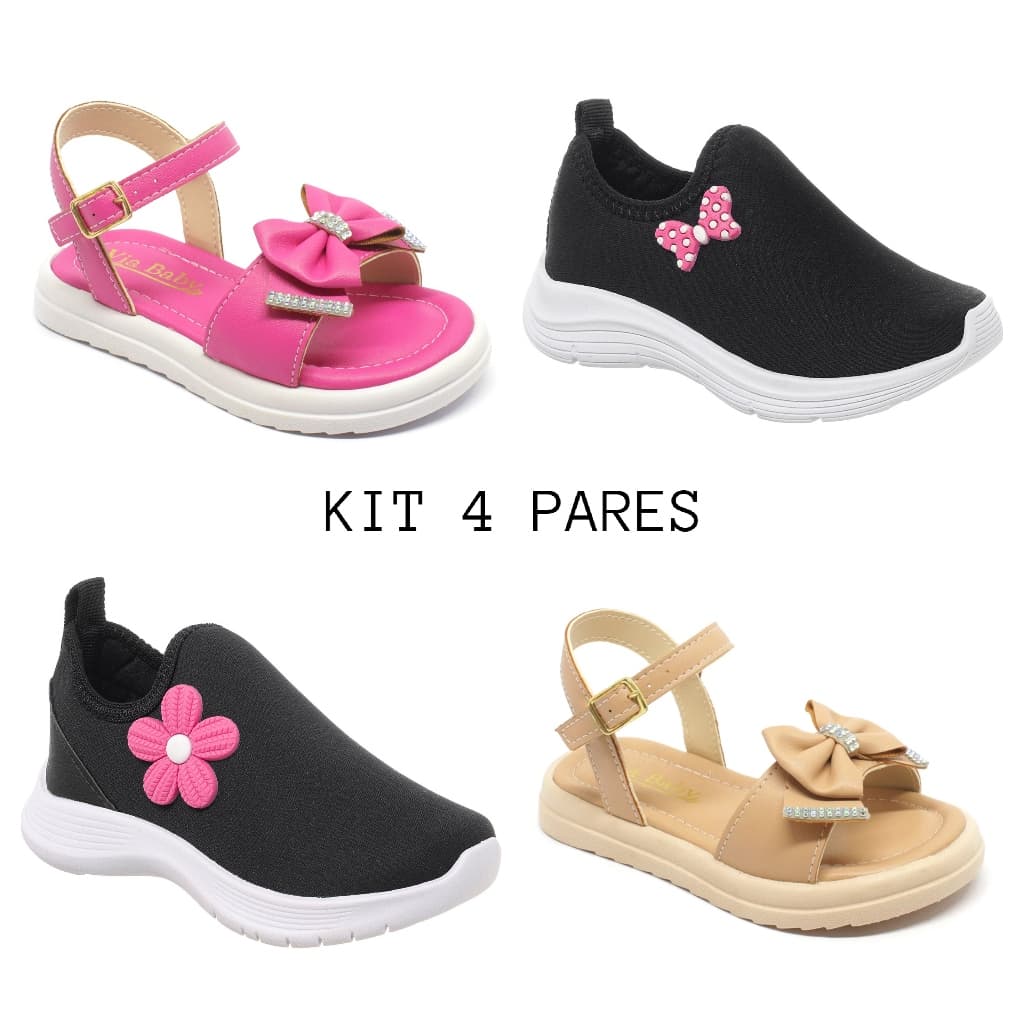 Kit 4  Pares Sandalia e Tenis  Infantil Menina Lacinho Leve Confortavel Tenis laço e flor