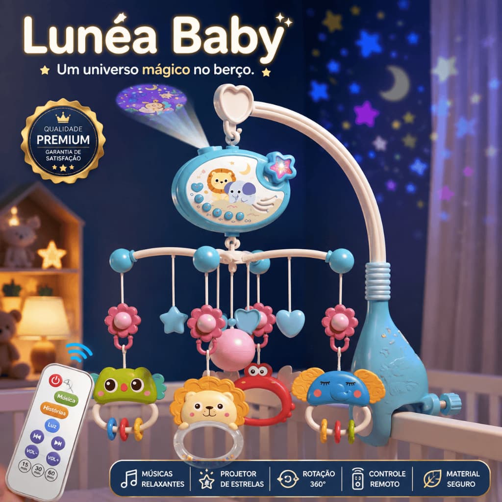 Mobile Musical Lunéa Baby Berco Bebe Controle Remoto Projetor Luz Estrelas Rotacao 360 Giratorio Sons Relaxantes