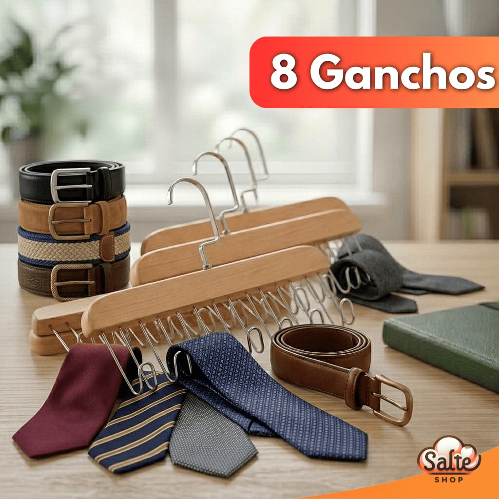 Kit 3 Cabide Madeira Organizador Gravata Cachecol Bolsa Boné Cintos 8 Ganchos Pra Pendurar