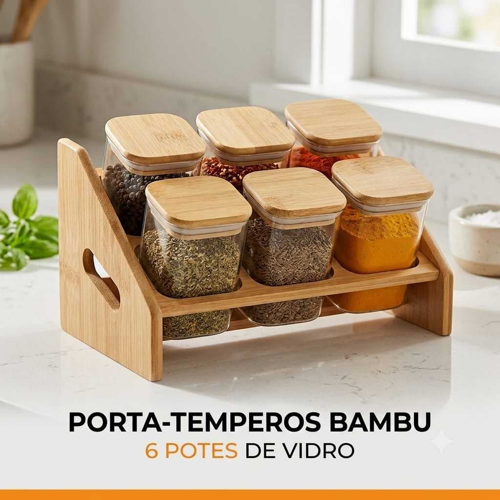 Porta Temperos Condimentos Bambu Com 6 Potes De Vidro 250ml Suporte Organizador De Cozinha Escalonado