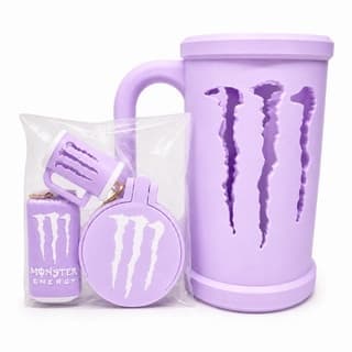 Kit Porta Lata Monster Energy 473ml- LILÁS E BRANCO Completo com Tampa Protetora, Abridor e Chaveiro - Suporte Energétic
