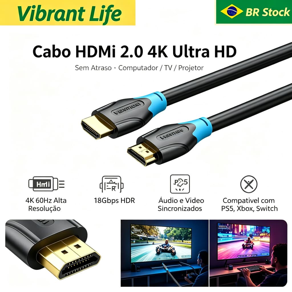 Cabo Hdmi Alta Resolução Full HD 4K 1M 2M 3M 5M Reforçado Revestimento Interno e Nylon Externo