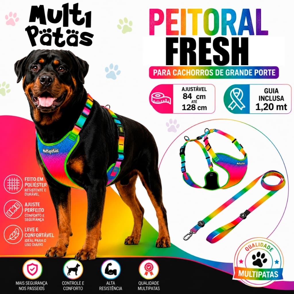 Peitoral Fresh + Guia Cães Cachorros Porte Grande Multipatas Rainbow Gg Qrcode Localizador