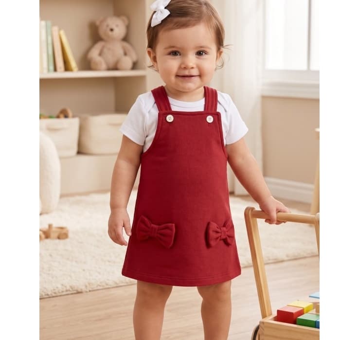 Conjunto Salopete Bebê Menina Suedine Laço Vermelho