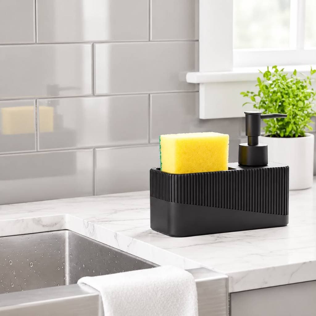Organizador de Pia Cozinha Porta Detergente e Esponja Preto Fosco Design Canelado Moderno
