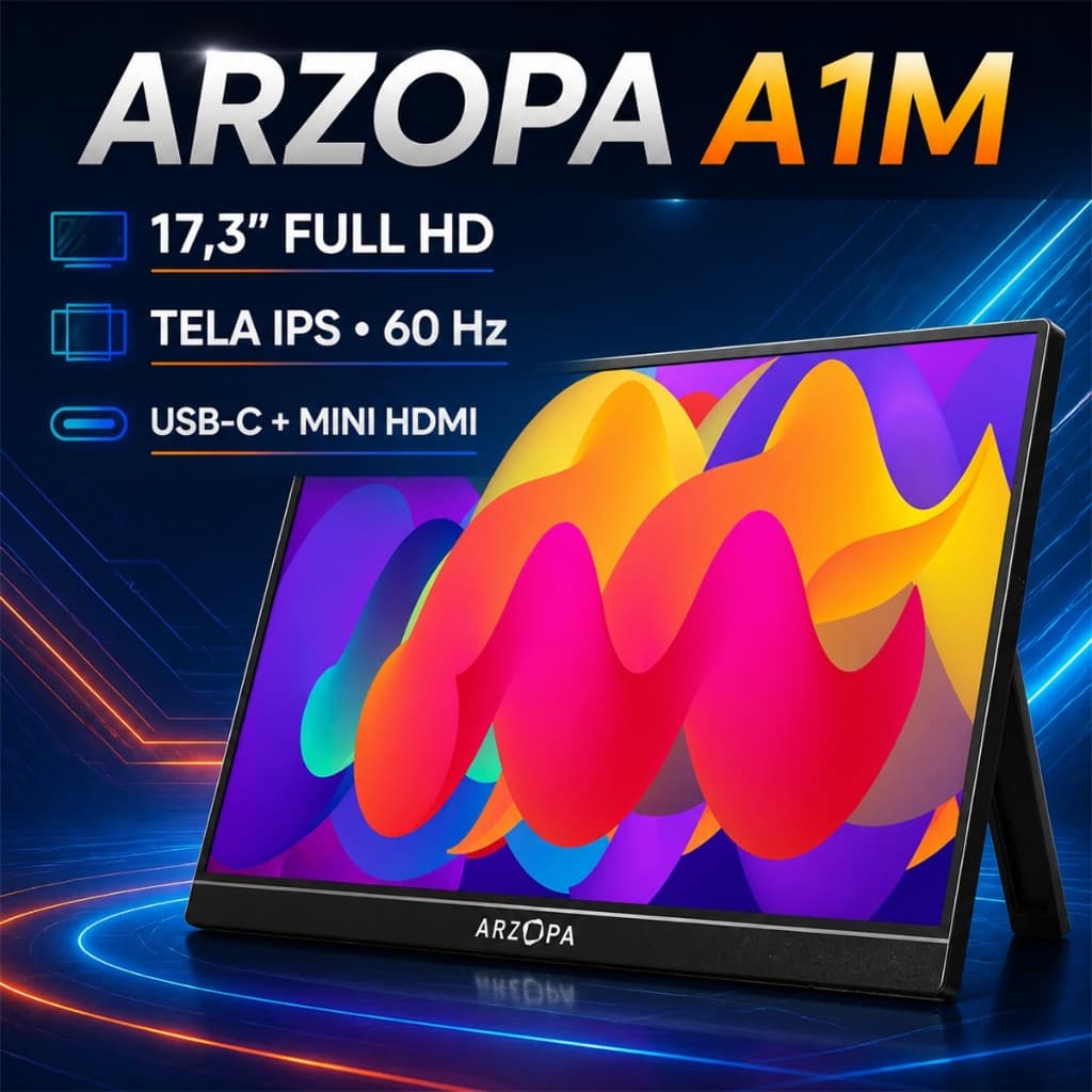 Monitor Portátil ARZOPA A1M 17,3” FHD IPS 60Hz USB-C Mini HDMI para Notebook PC e Console