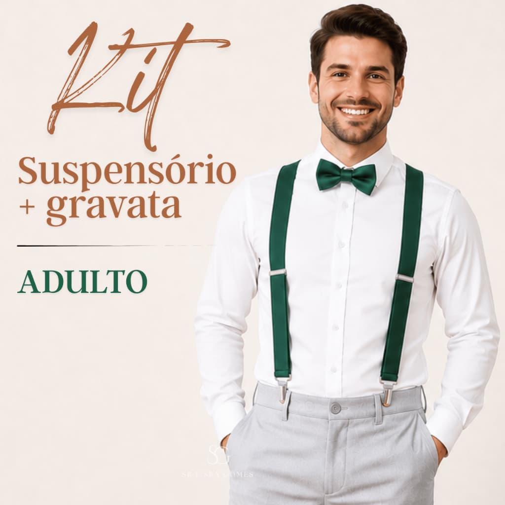 Kit Suspensório Verde Esmeralda + Gravata Borboleta Adulto