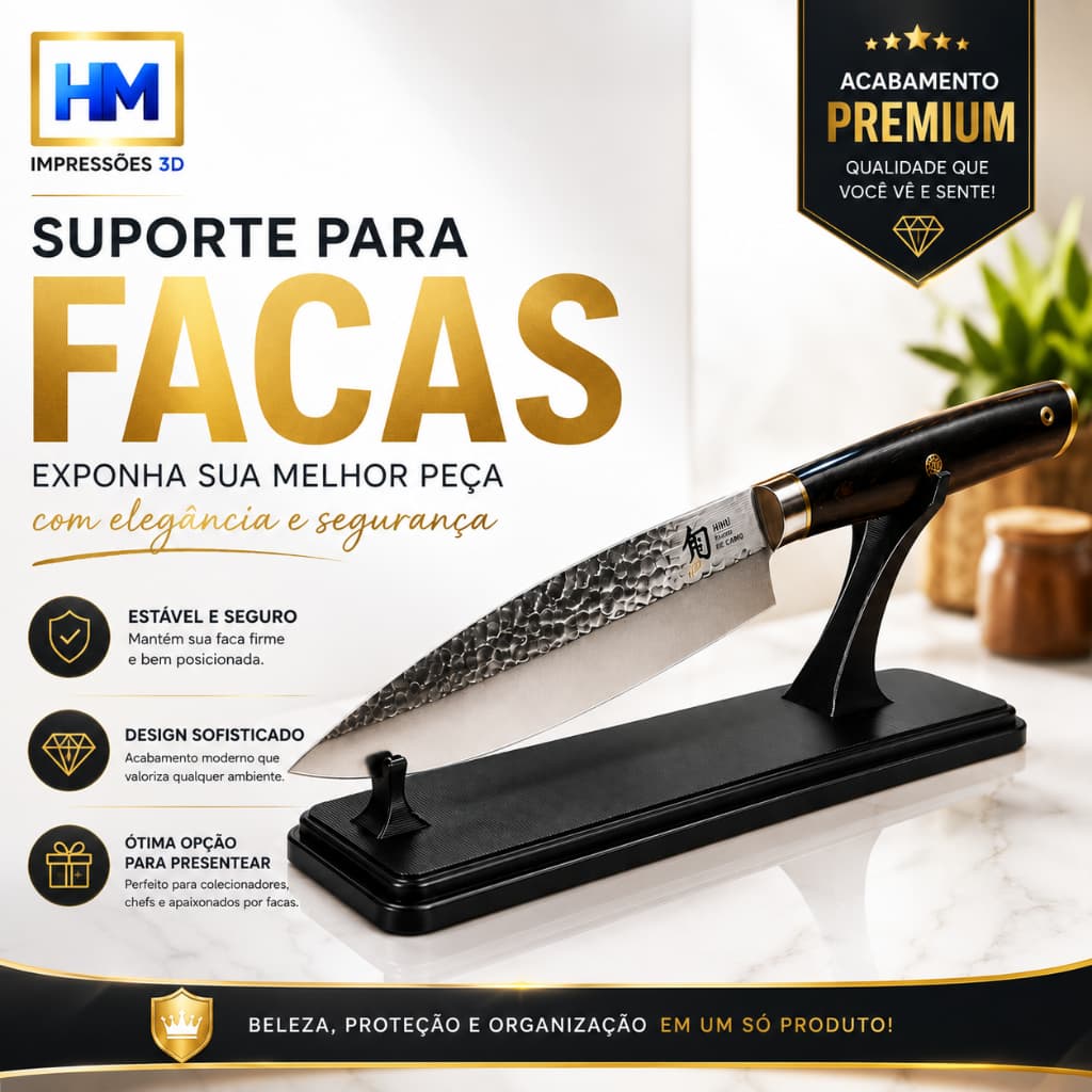 Suporte para Faca de Mesa Porta Faca Expositor para Faca Chef Churrasco Cutelaria e Colecionador Impressão 3D