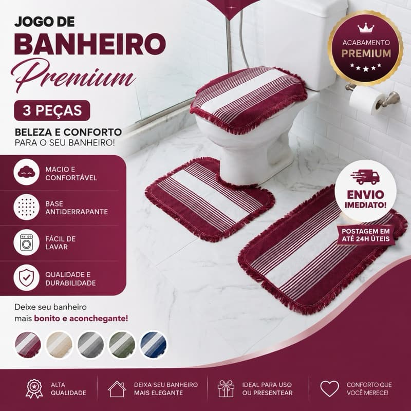 Jogo Para Banheiro 3 Peças Kit Tapetes Luxo Premium