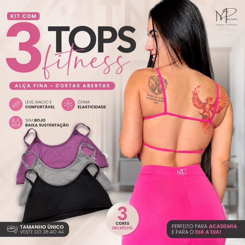 Kit 3 Tops Fitness Feminino Alça Fina Costas Abertas Academia Treino