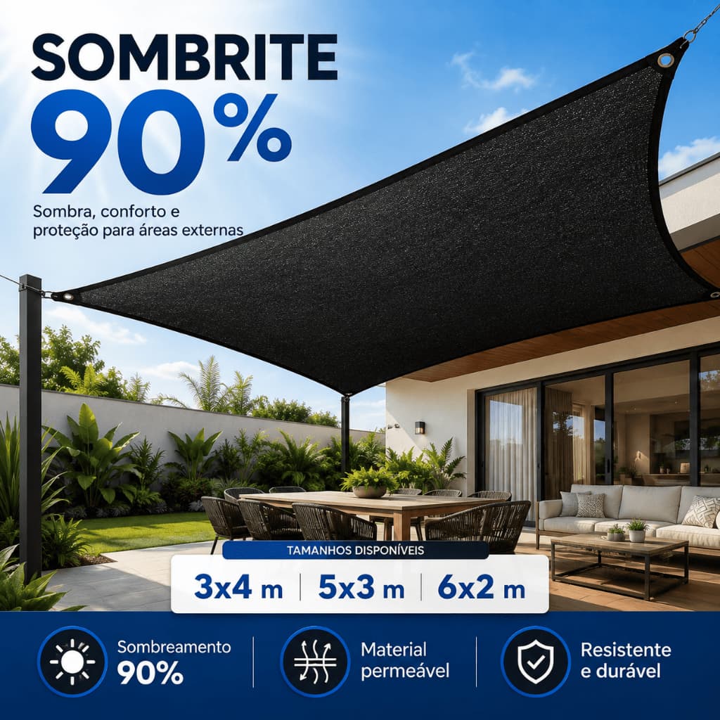 Tela Sombrite 90% Reforçada com Ilhós para Garagem Jardim Quintal Área Externa Piscinas