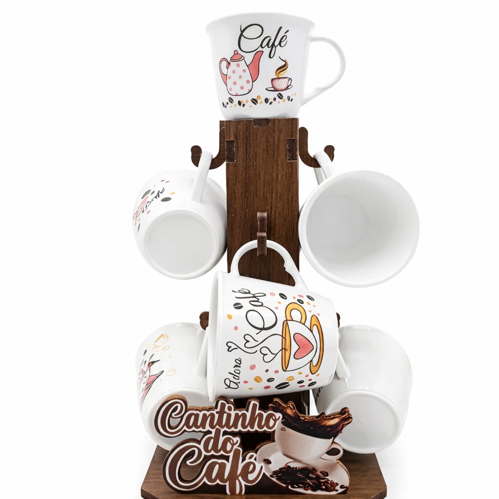 Jogo 6 Canecas Acrílico com Suporte Porta Xícaras de Madeira Decorativo para Café