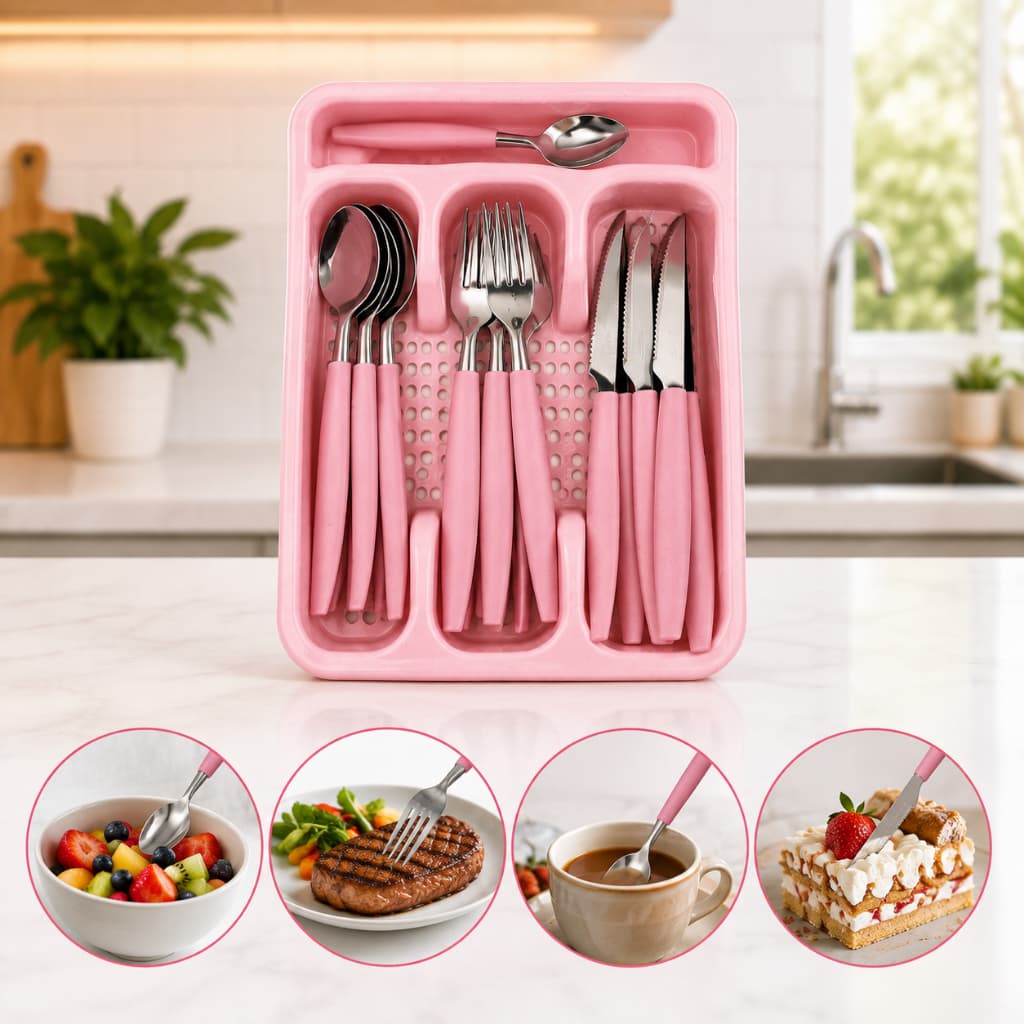 Jogo de Talheres 24 Peças Inox com Cabo Rosa + Porta Talheres Organizador e Escorredor
