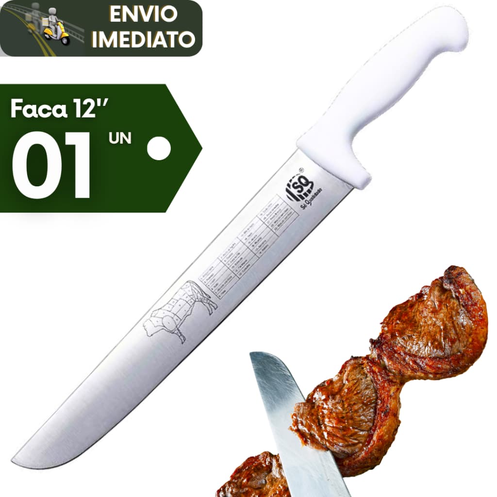 Faca Em Aço Inox 12" Cabo Branco Do Açougueiro e Churrasqueiro Profissional Para Cozinha e Açougue