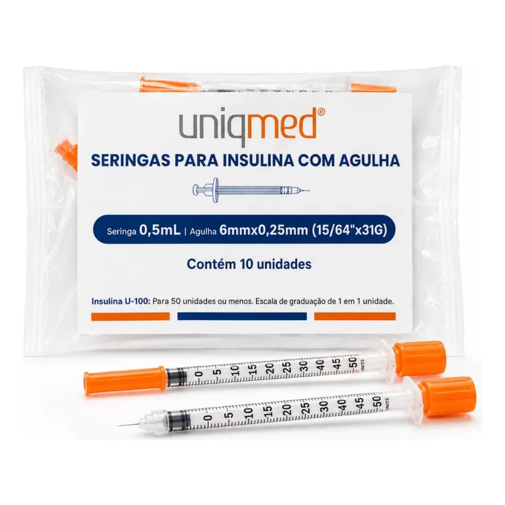 Uniqmed 10 Seringas Para Insulina Botox 0,5ml agulha 6mm 31g Pacote 10 unid