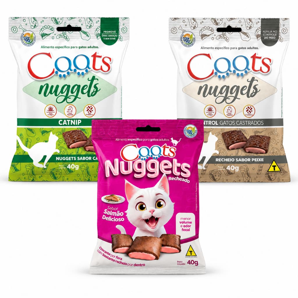 Petisco para Gatos Nuggets Caats Sabores 40g Gatos Adultos Catnip Salmão Taurina Probióticos