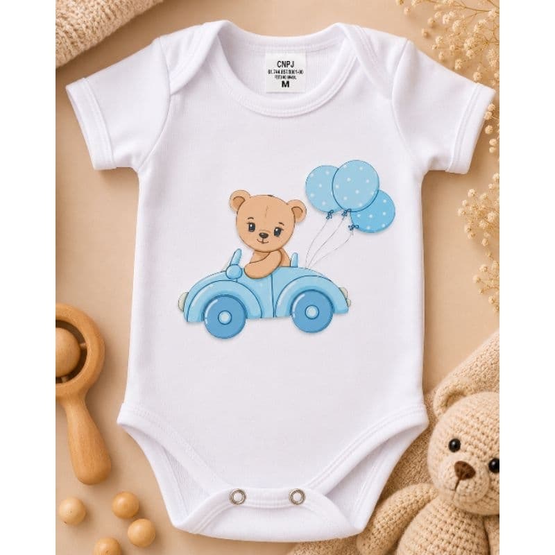 🧸 Body Bebê Branco Manga Curta Ursinho Carrinho Balões | Body Infantil Menino