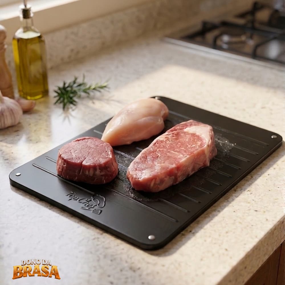 Tábua Descongelante Inox Dono da Brasa — Descongela Carne em Minutos Sem Micro-ondas