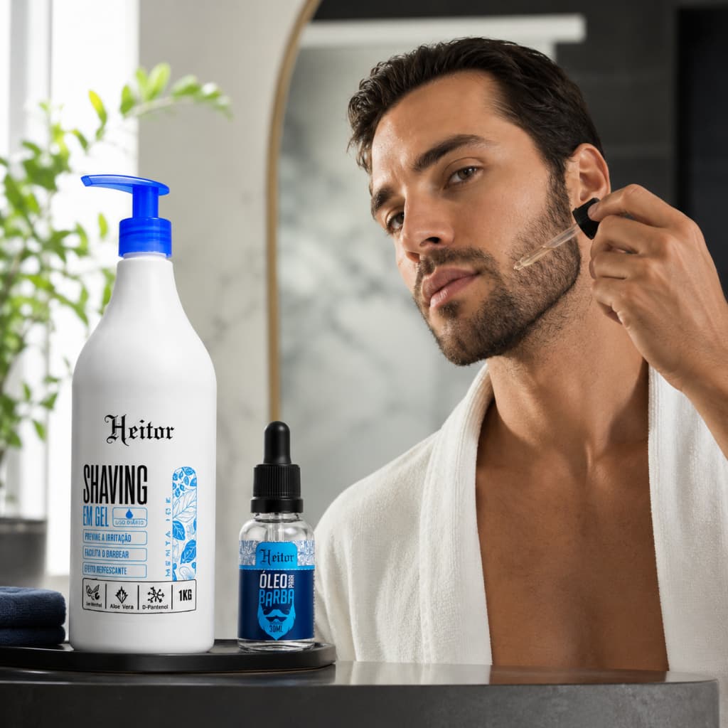 KIT HEITOR SHAVING EM GEL 1KG + ÓLEO PARA BARBA 30ML – CUIDADO PROFISSIONAL PARA BARBEAR E BARBA