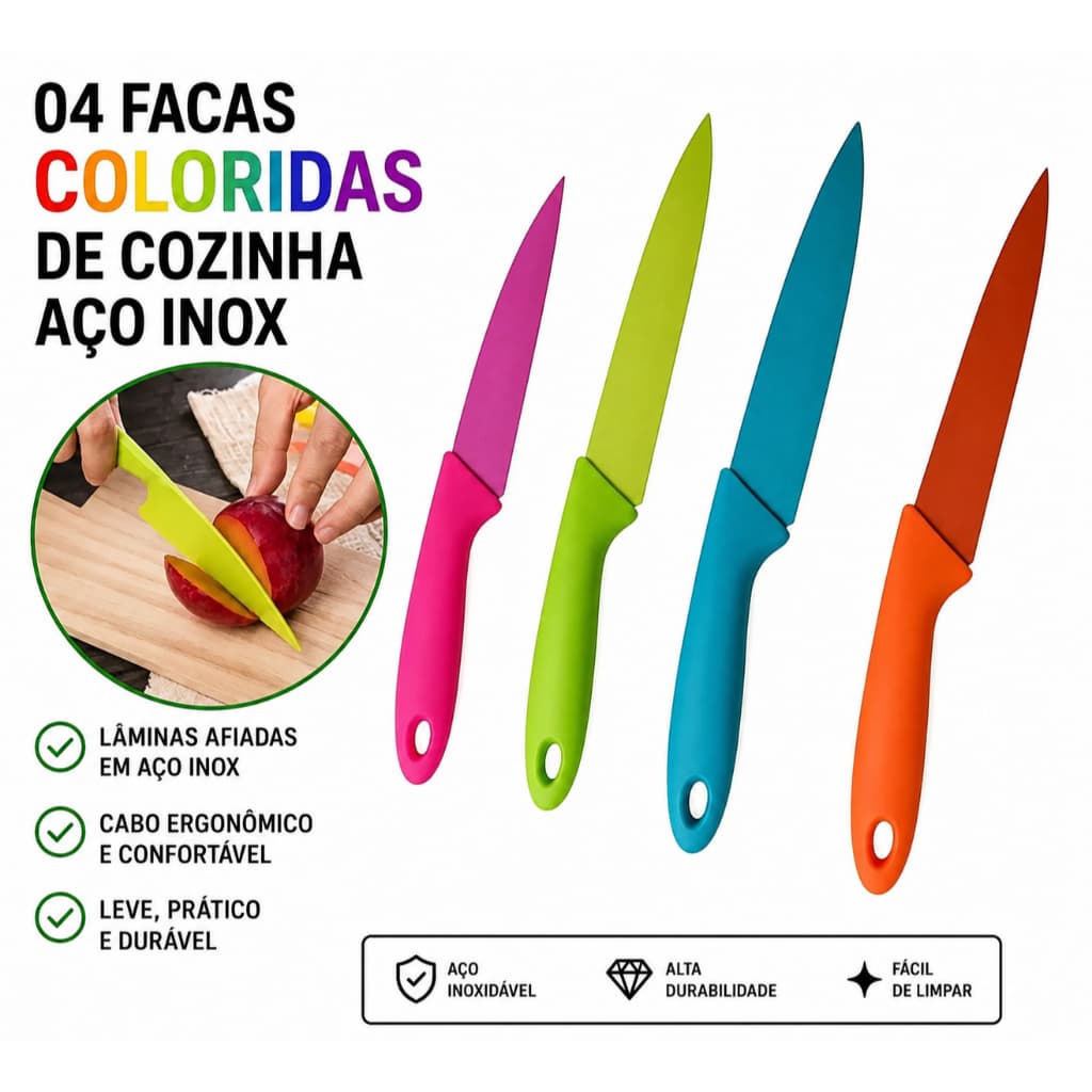 Kit 4 Facas Coloridas de Cozinha em Aço Inox – Lâminas Afiadas com Cabo Ergonômico