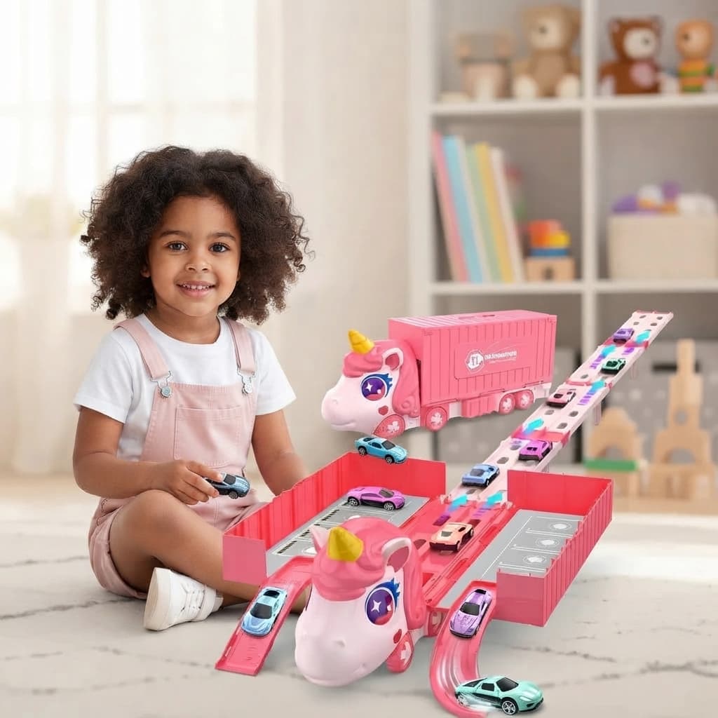 Caminhão Unicórnio Porta Carrinhos Transformável Com Pista 6 Carrinhos Brinquedo Infantil Educativo