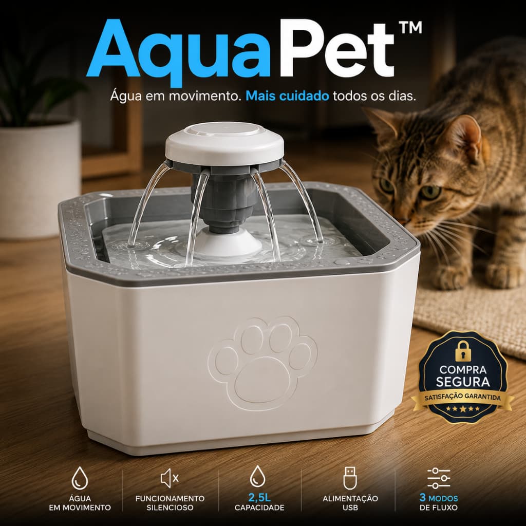 AquaPet Bebedouro Fonte Automática para Cães e Gatos 2,5L 3 Modos Água Contínua USB Silencioso