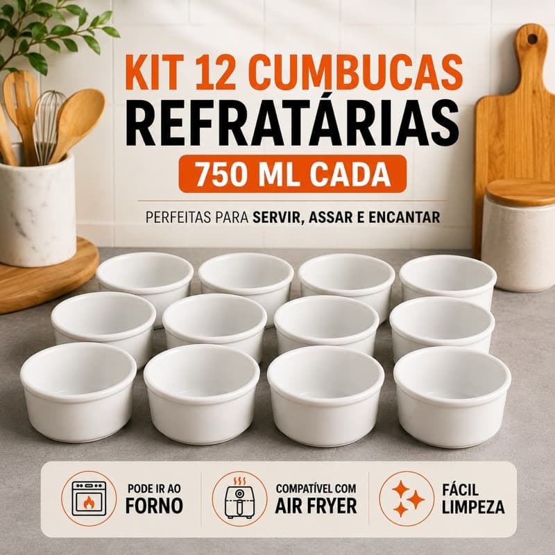 Kit 12 Cumbucas Bowl Tigela 750ml Porcelana Refrataria Branca Forno e Mesa Ideal Para Servir