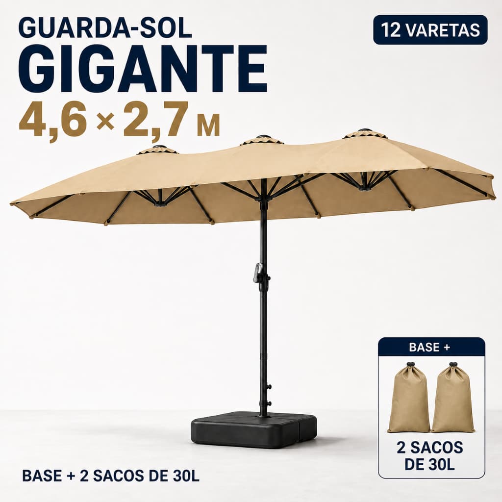 Guarda-Sol Ombrelone Gigante 4,6 x 2,7m com Base Desmontável, 2 Sacos de 30L, 12 Varetas e Manivela para Jardim Piscina