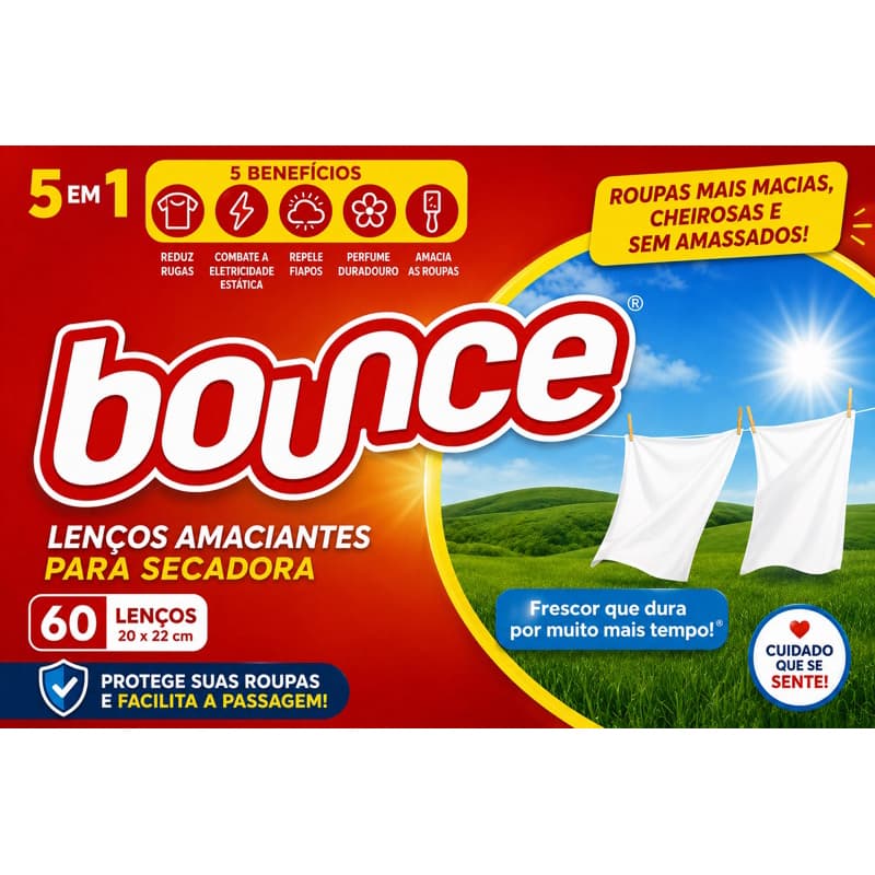 Bounce Lenço Amaciante Perfumado Para Secadora  Dryer Sheets 60 Lenços Outdoor Fresh | Perfume Leve Roupas Macias