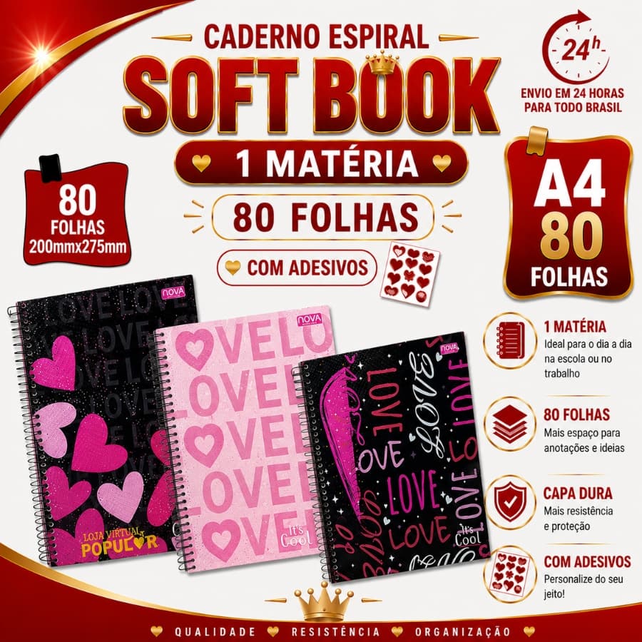 Caderno Universitário Espiral Love Corações 1 Matéria 80 Folhas Capa Dura Com Adesivos