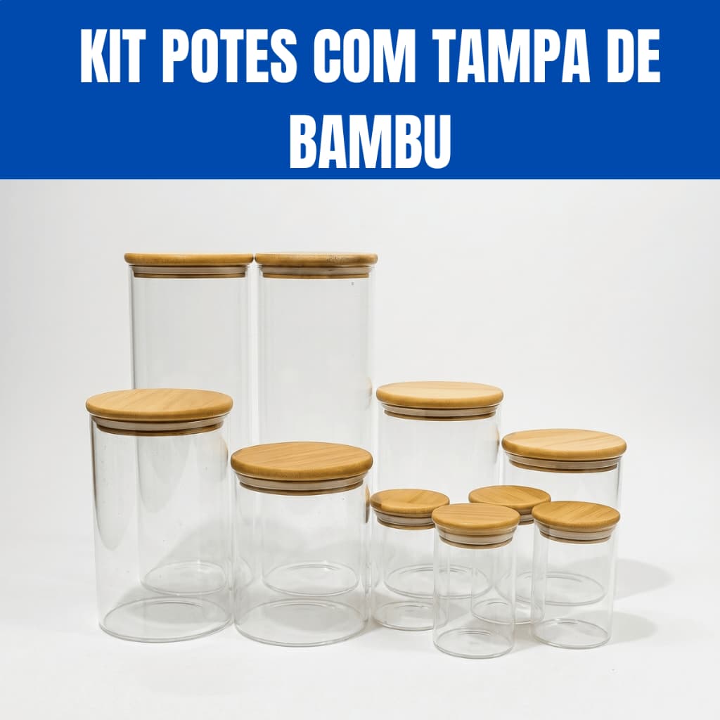 Kit Potes de Vidro 200/800/1000/1800ml com Tampa de Bambu Hermético Mantimentos Condimentos Empilhaveis