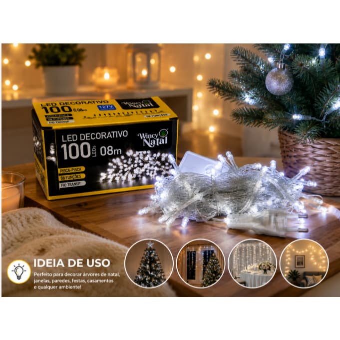 Pisca Pisca LED Natal 100 LEDs 8 Metros 8 Funções 127V