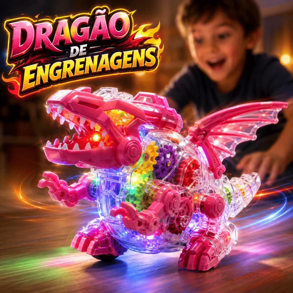 Dragão de Brinquedo Infantil com Engrenagens Luzes Música Asa Móvel Anda Sozinho