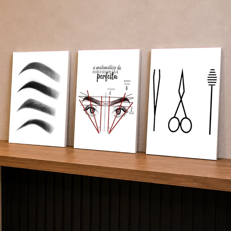Kit 3 Quadros Decorativos para Studio Design de Sobrancelhas Decoração Salão de Beleza