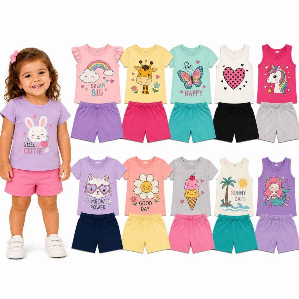 Kit 10 Peças Conjunto Verão 5 Camisetas + 5 Shorts Infantil Feminino/Menina Estampa Sortida