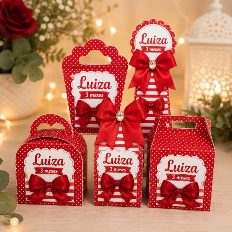 Kit Caixinhas Personalizadas Tema Laços Rosa Vermelho Menina