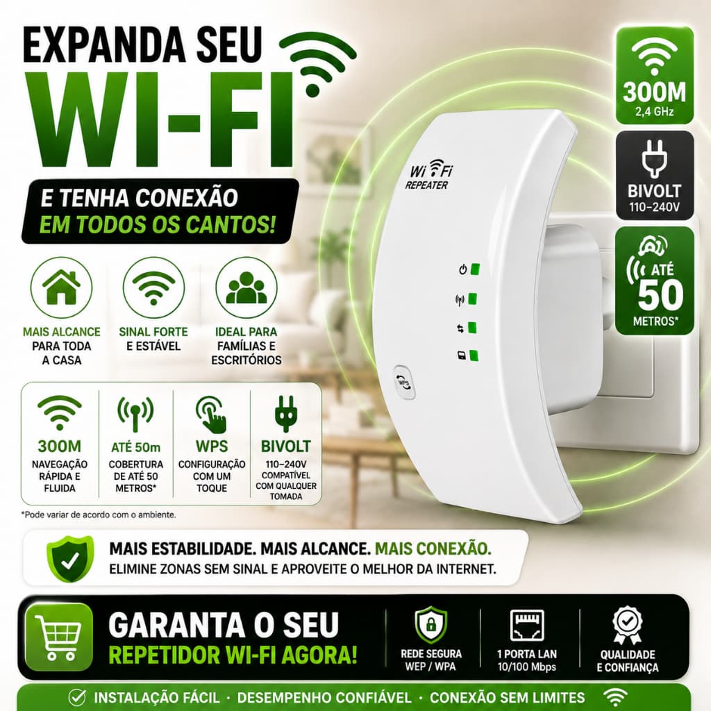 Repetidor WiFi 300Mbps 2.4GHz Amplificador de Sinal Wireless Bivolt WPS com Porta RJ45