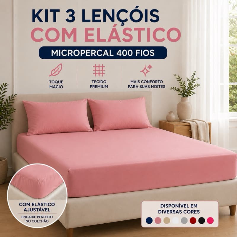 Kit 3 Lençol Avulso com elástico Cama box Casal/Padrão 400 fios Micropercal TOQUE MACIO