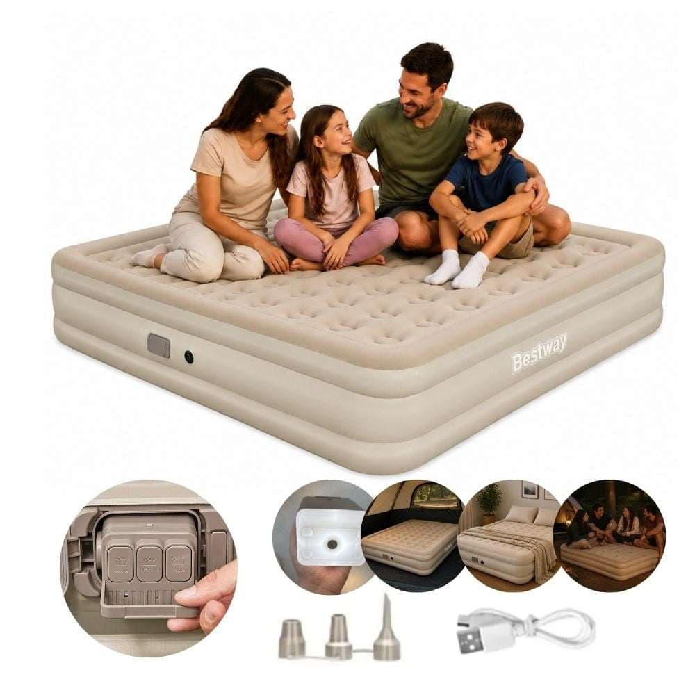 Colchão Inflável King Bomba Recarregável Elétrica Lítio USB + Lanterna 3 Níves Para Camping e Casa Bestway
