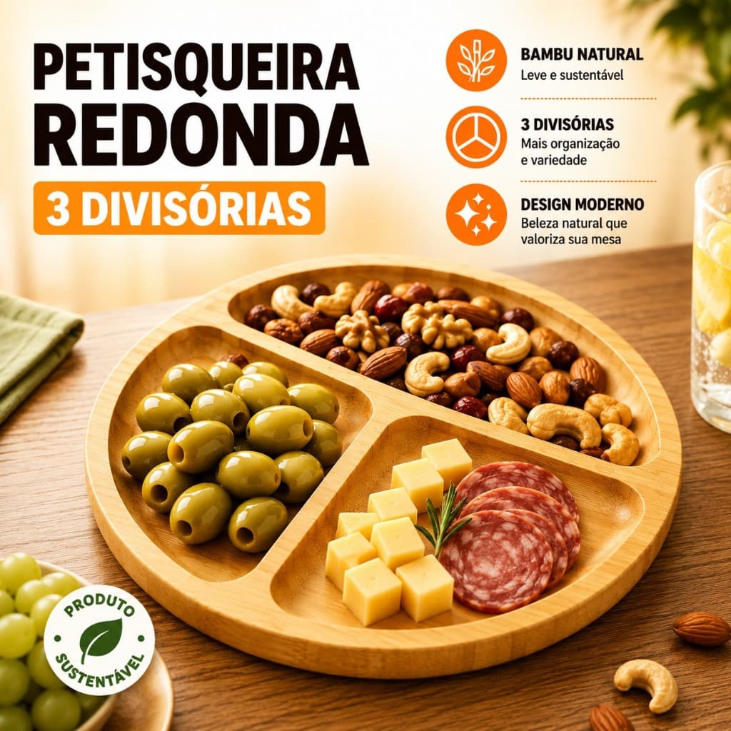 Petisqueira Redonda Madeira Bambu 3 Divisórias Prato Bandeja