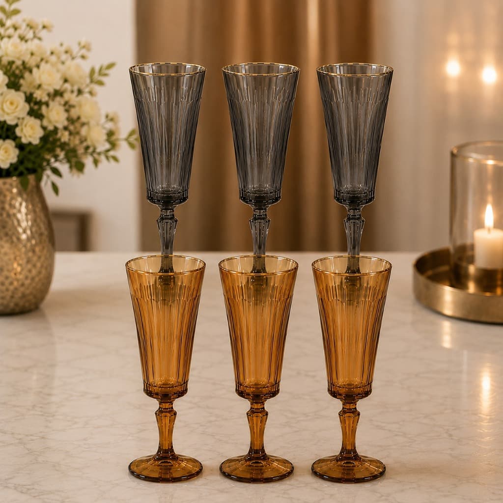 Jogo 6 Taças Champagne Egeu 180ml Vidro Borda Dourada Hauskraft – Cinza Titanium ou Âmbar – Taças Elegantes para Espuman