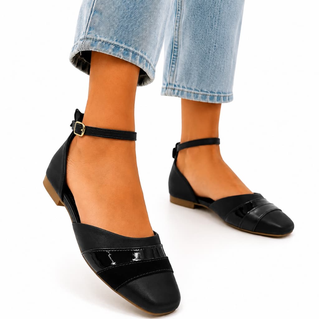 Sapatilha Feminina Bico Quadrado Tira no Tornozelo Confortável Casual Elegante