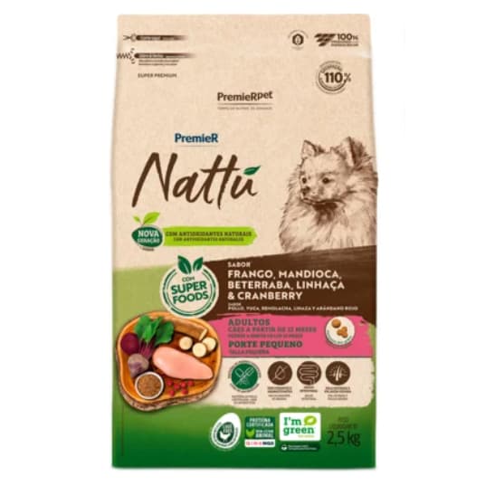 Ração Premier Nattu para Cães Adultos Pequenos - Mandioca 2,5kg